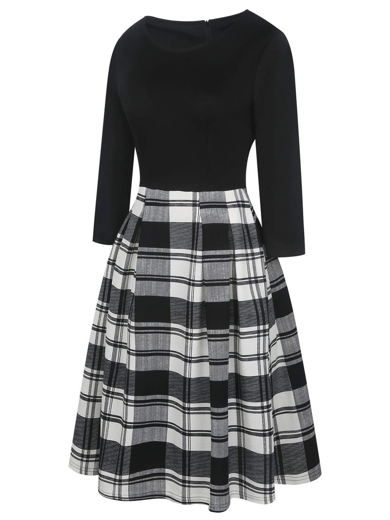 oxiuly Women's Classic Plaid Patchwork Vintage Dress Elegant Work Midi Party Casual Dresses with Pockets OX165 (Black Plaid P7, s) - Image 3